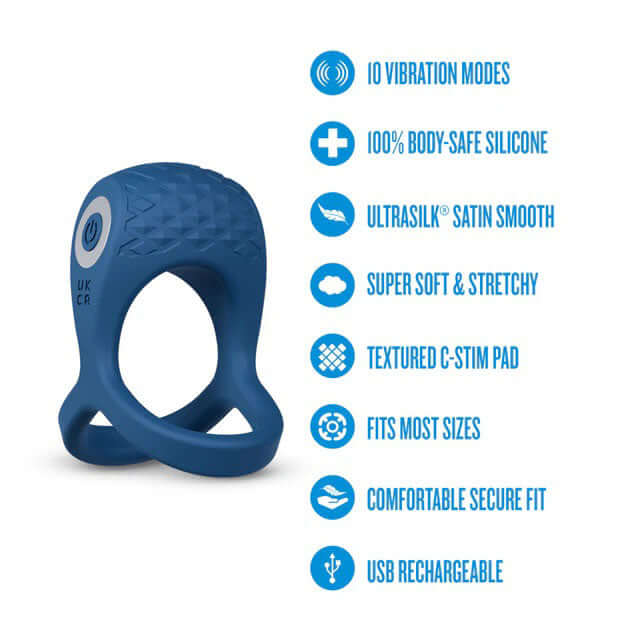 Performance Plus Dual Flex Pro Ring Blue product features including 10 vibration modes and body-safe silicone design.