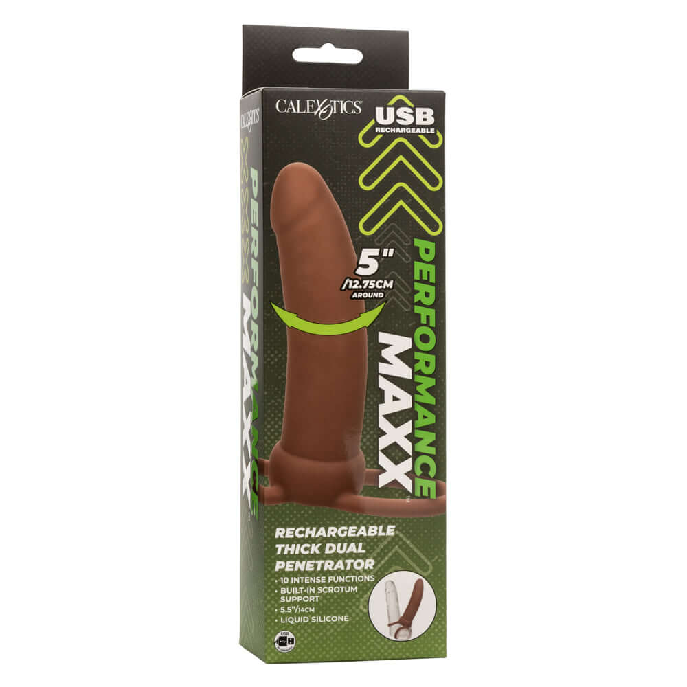 Performance Maxx Rechargeable Thick Dual Penetrator in brown packaging with 5-inch size shown.