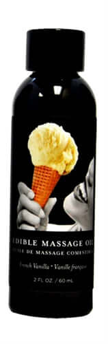 French Vanilla Edible Massage Oil 2 Oz bottle with image of ice cream cone and smiling person, 100% vegan and lickable.