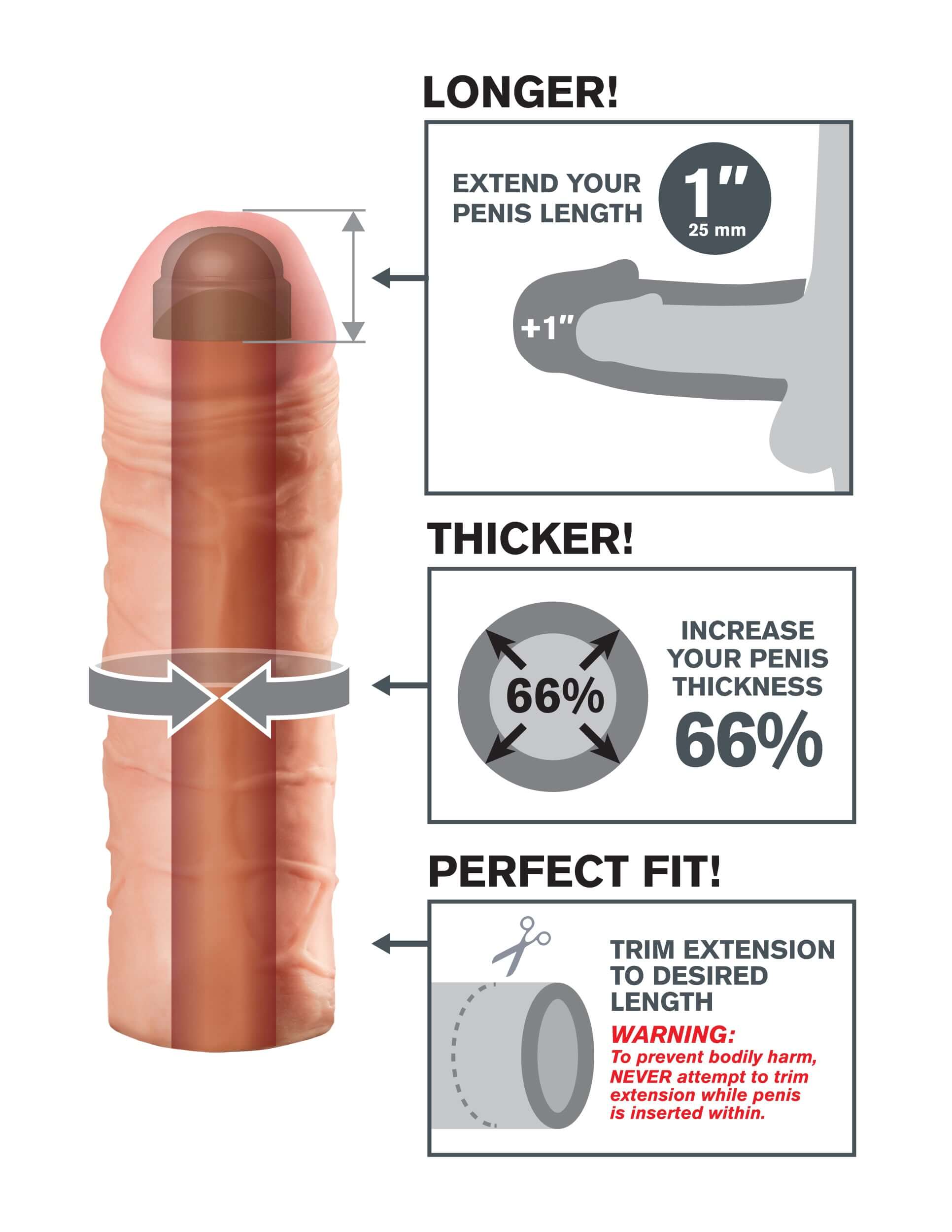 Fantasy X-Tension Mega 1-Inch Penis Extension features longer, thicker, and perfect fit details for enhanced performance.