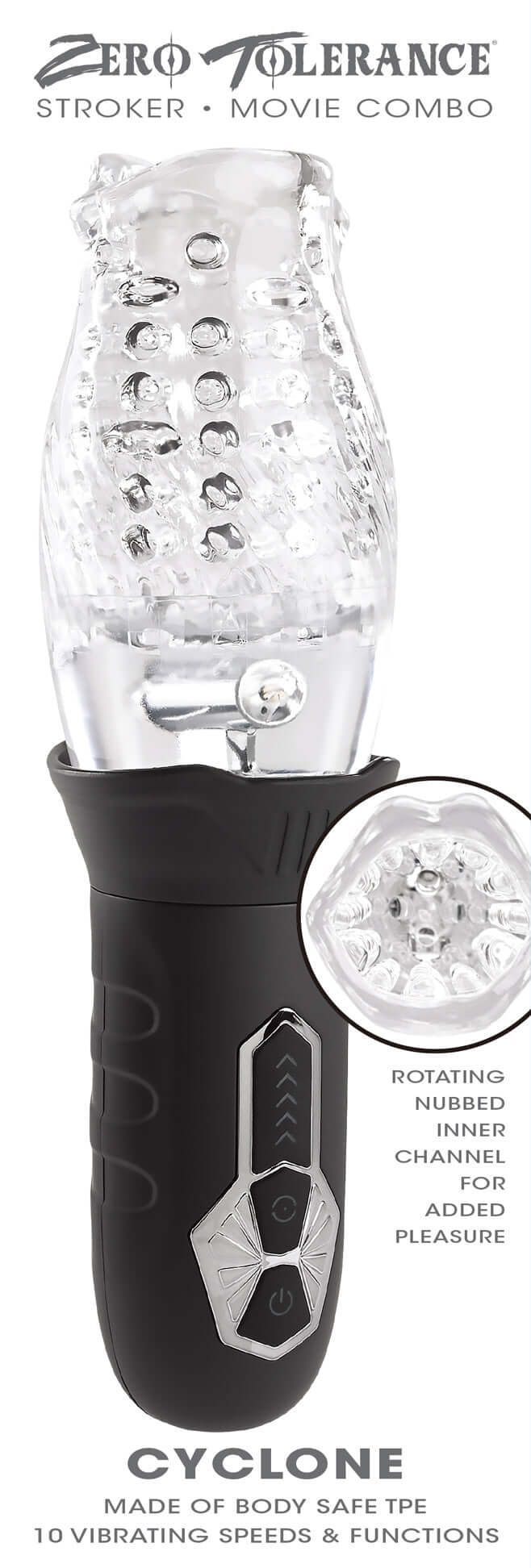Cyclone rotating vibrating stroker with clear, textured sleeve, black handle, and mouth-shaped entry.