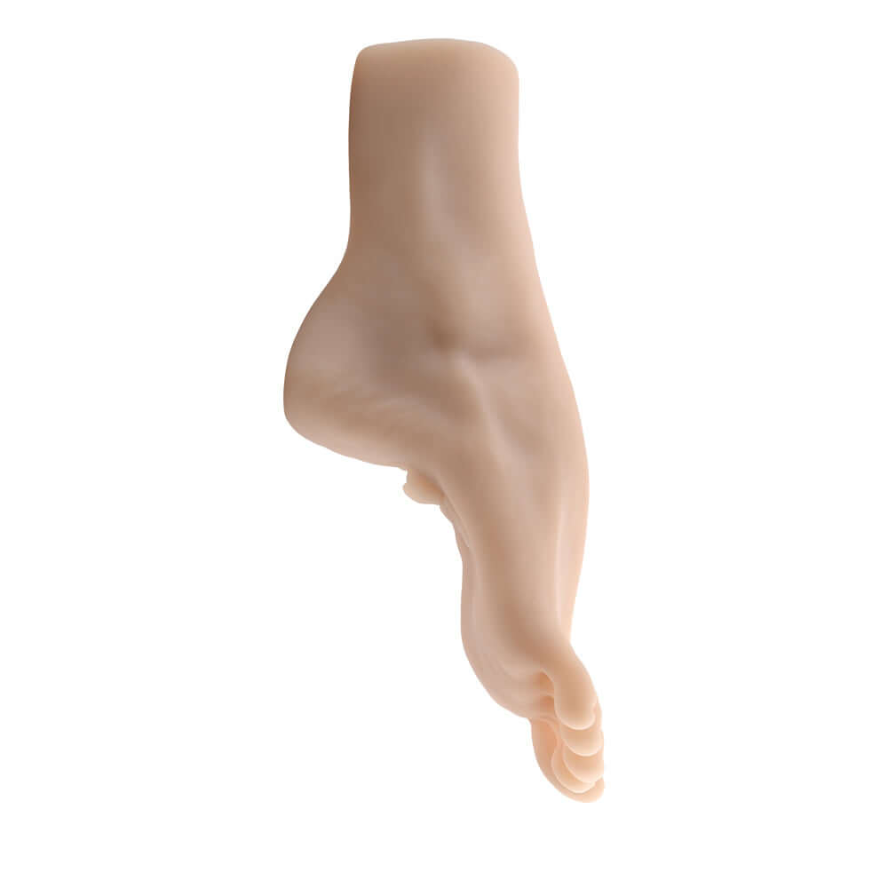 Realistic foot stroker with supple toes and smooth heel for foot fetish pleasure, made from phthalate and latex-free TPE.