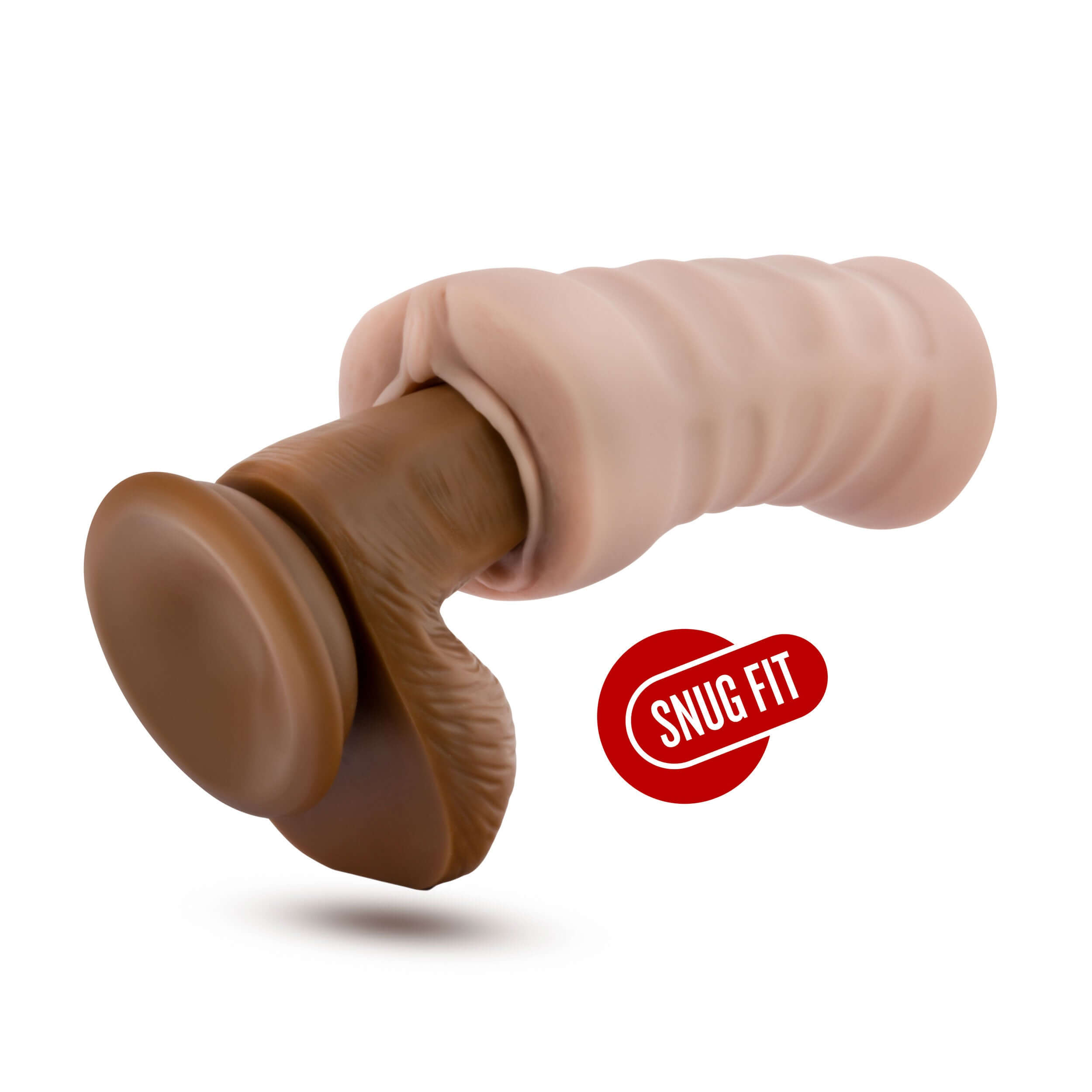 Beige vibrating stroker with snug fit design, showcasing realistic detailing and ultra-soft X5 Plus material.