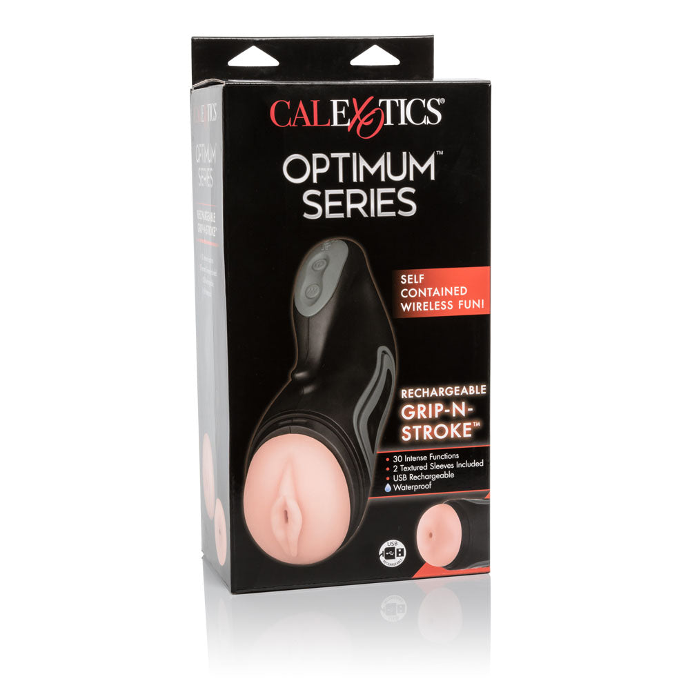 Optimum Power Rechargeable Grip-N-Stroke with 30 vibration functions and customizable squeeze pads for a unique experience.