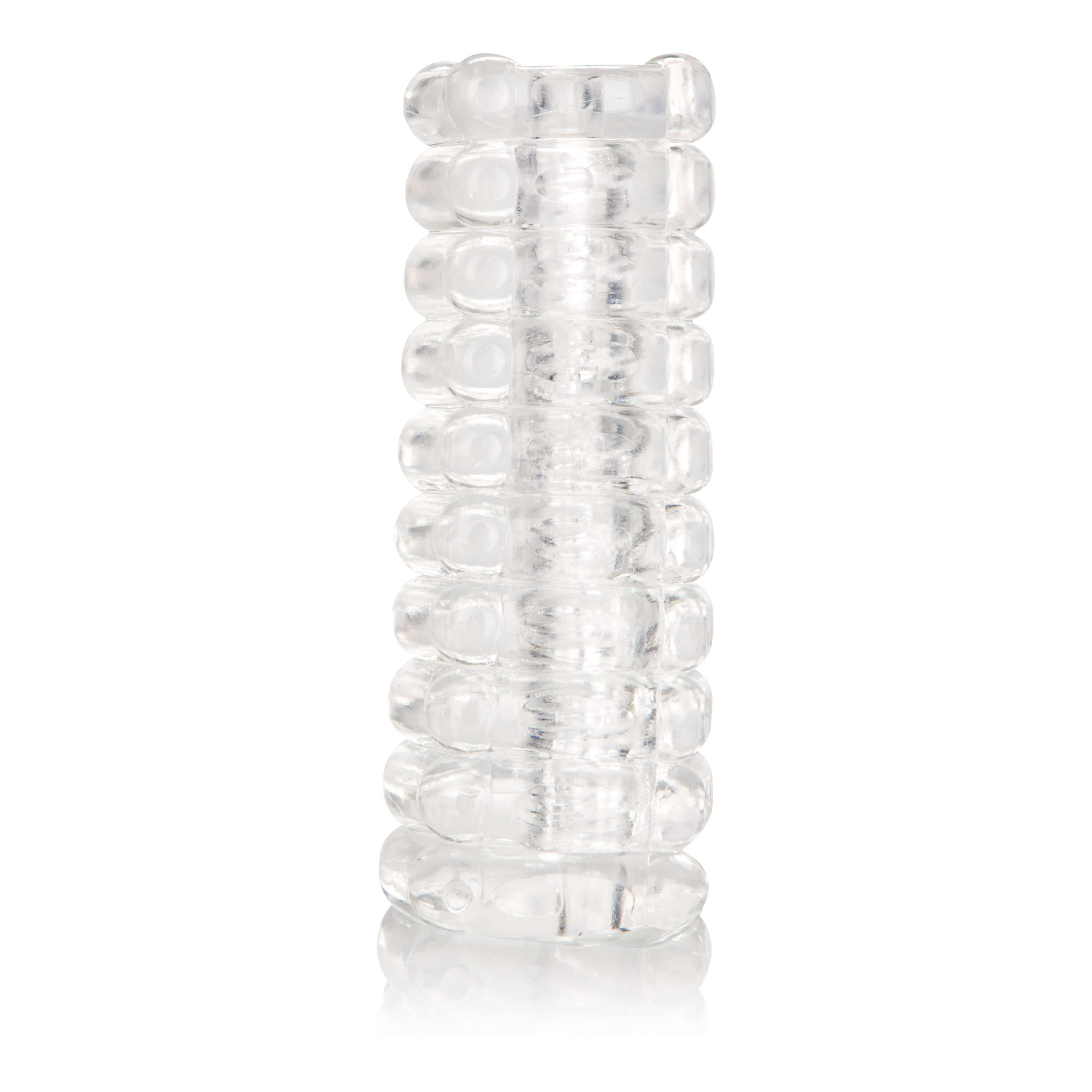 Clear ribbed stroker masturbator sleeve features soft, stretchy, reversible texture for enhanced pleasure.