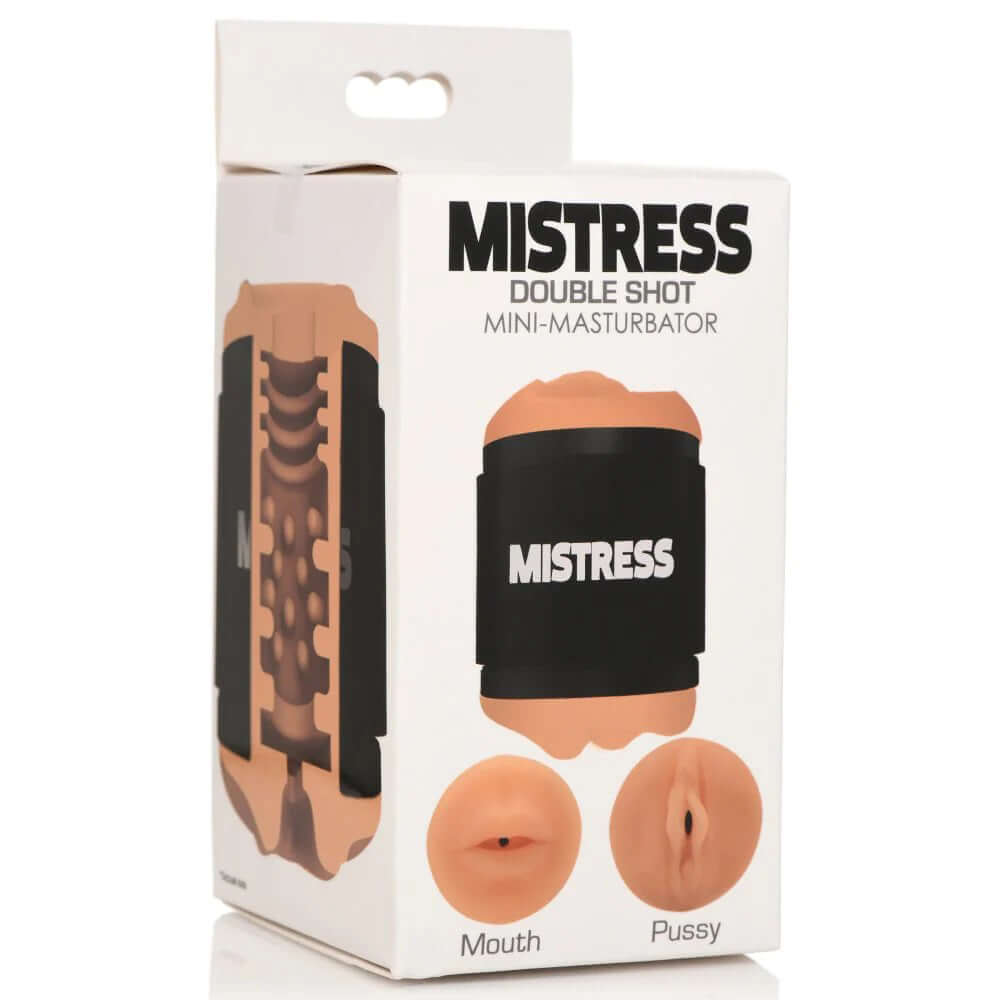 Mistress Double Shot Mouth and Pussy Stroker packaging showing textured interior and realistic openings