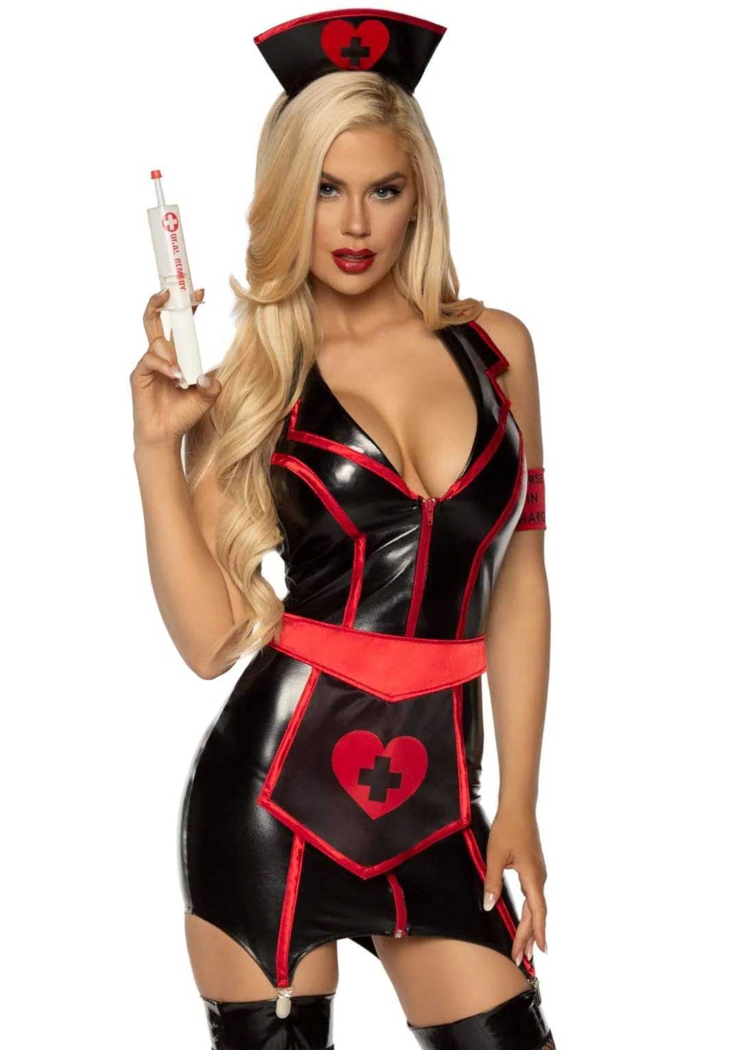 Naughty Nurse Costume - Medium - Black/red-2
