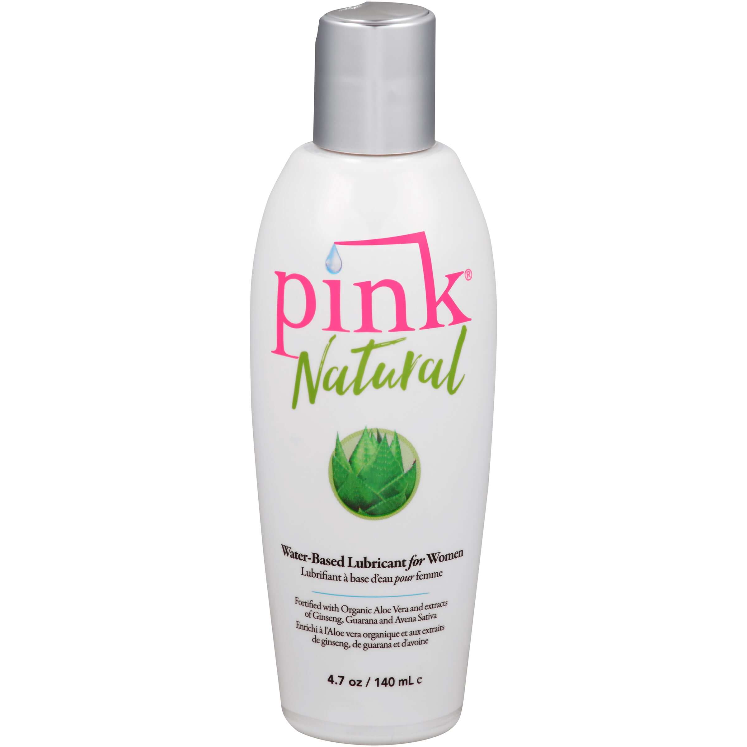 Pink Natural Water-based Lubricant for Women 4.7 Oz bottle with aloe vera and premium ingredients.
