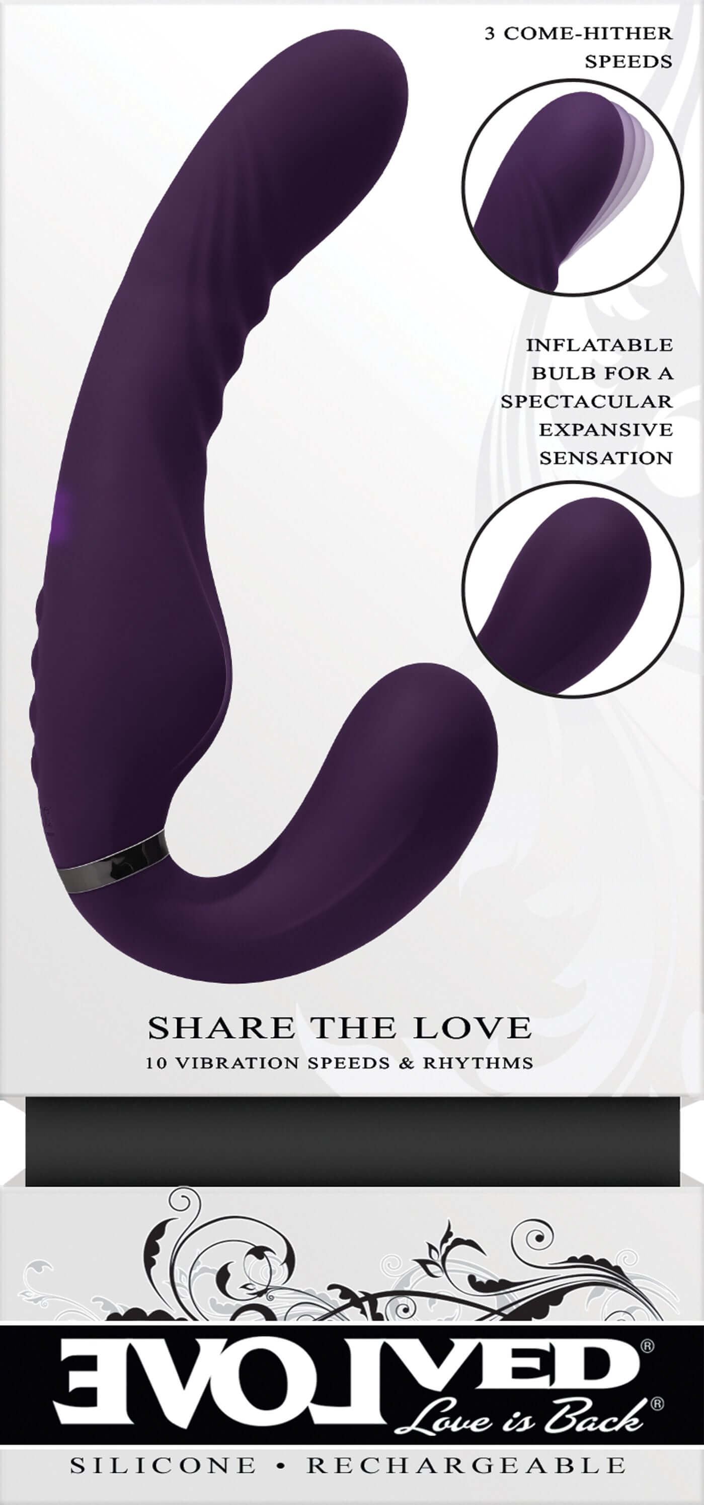 Share the Love Purple Massager with inflatable bulb and 3 come-hither speeds for versatile sensations. 10 vibration speeds. Silicone and rechargeable.