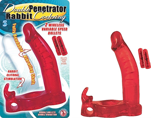 Double Penetrator Rabbit Cock Ring - Red-0