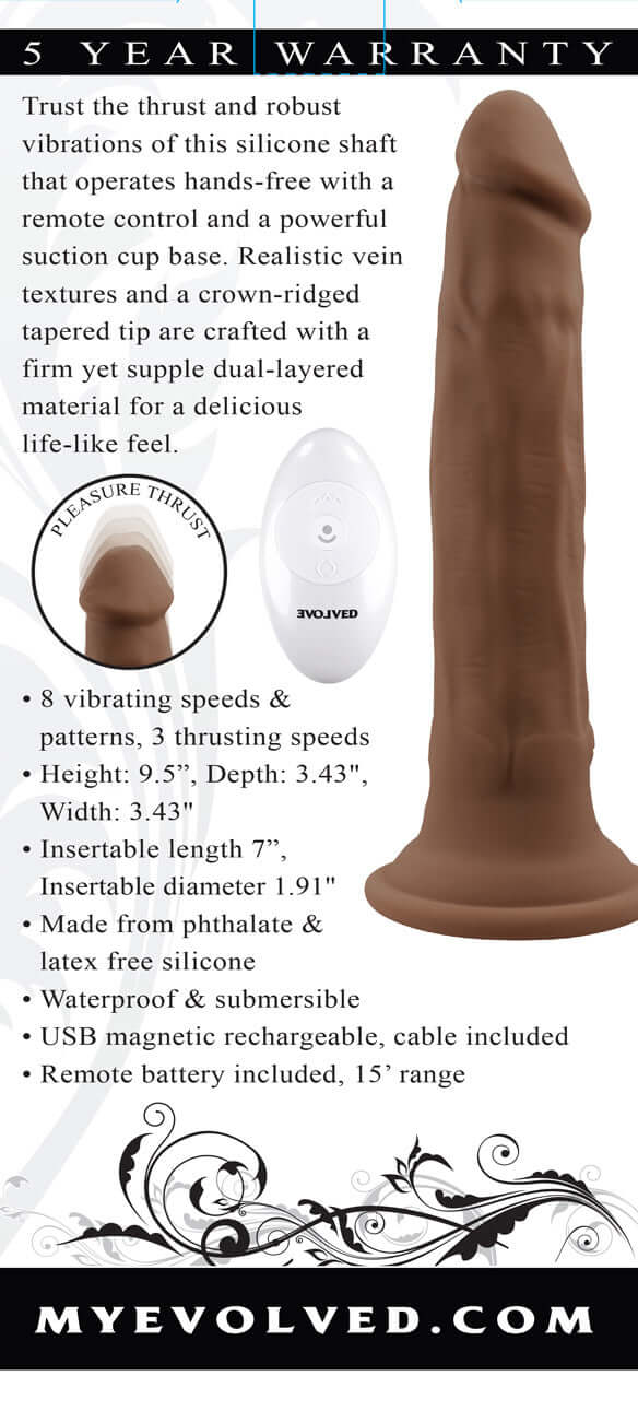 "Dark Vibrating Thruster with suction cup base, remote control, and realistic textures, featuring 8 vibration patterns and 3 thrusting speeds."
