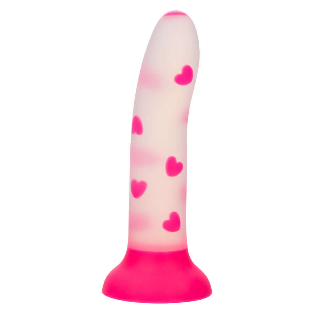 Glow Stick Heart Dildo in pink with glow-in-the-dark heart pattern, made from ultra-soft Satin Finish Silicone for a playful and fun experience