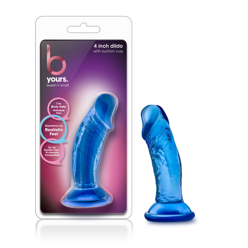 B Yours Sweet n' Small 4 Inch Blue Dildo with Suction Cup in Packaging - Realistic, Compact, Soft PVC Sex Toy for Beginners