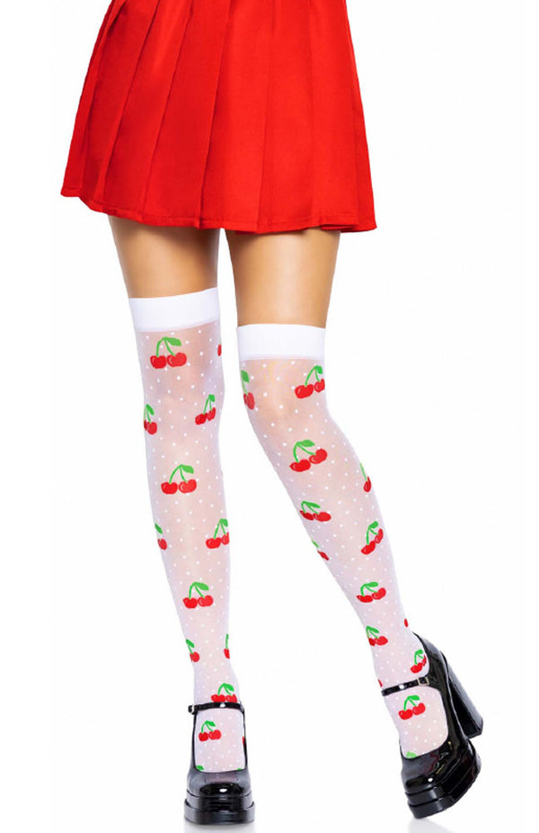 Sheer Polka Dot Cherry Thigh Highs - One Size - White/red