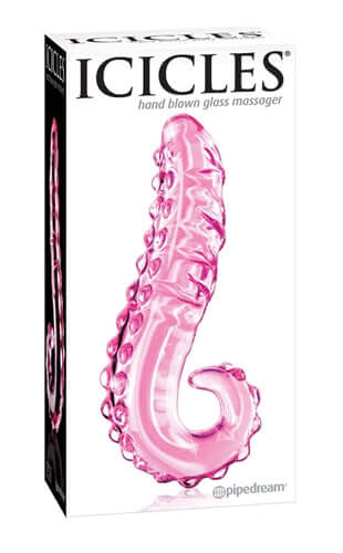 Elegant hand-blown glass massager Icicles No 24 in box, showcasing luxurious design and intricate detail in pink glass.
