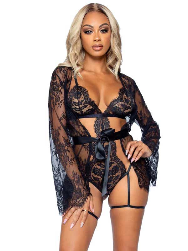 All Romance Lace Teddy and Robe Set - Large -  Black-3