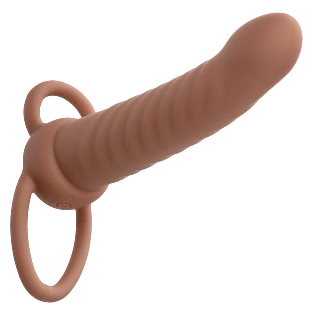 Performance Maxx Rechargeable Ribbed Dual Penetrator in brown with dual rings for enhanced pleasure and functionality