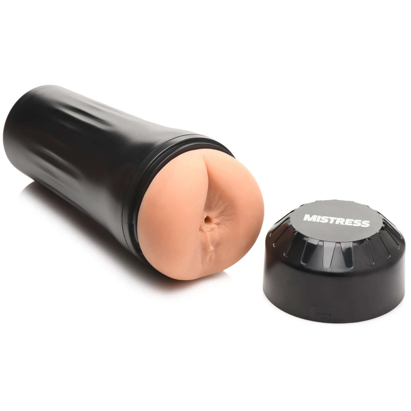 Mistress Vibrating Ass Masturbator with cap removed, showcasing realistic and textured TPE hole for enhanced stroking experience.