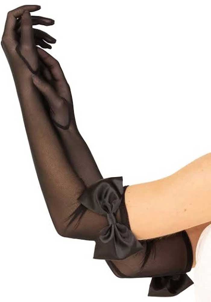 Black mesh opera length gloves with satin bow by Leg Avenue, one size fits all, perfect for costumes, prom dresses, or bridal lingerie.