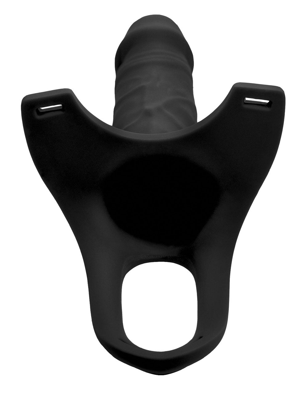 Black hollow silicone dildo strap-on harness with wide stability strap and cum thru tip for enhanced pleasure.
