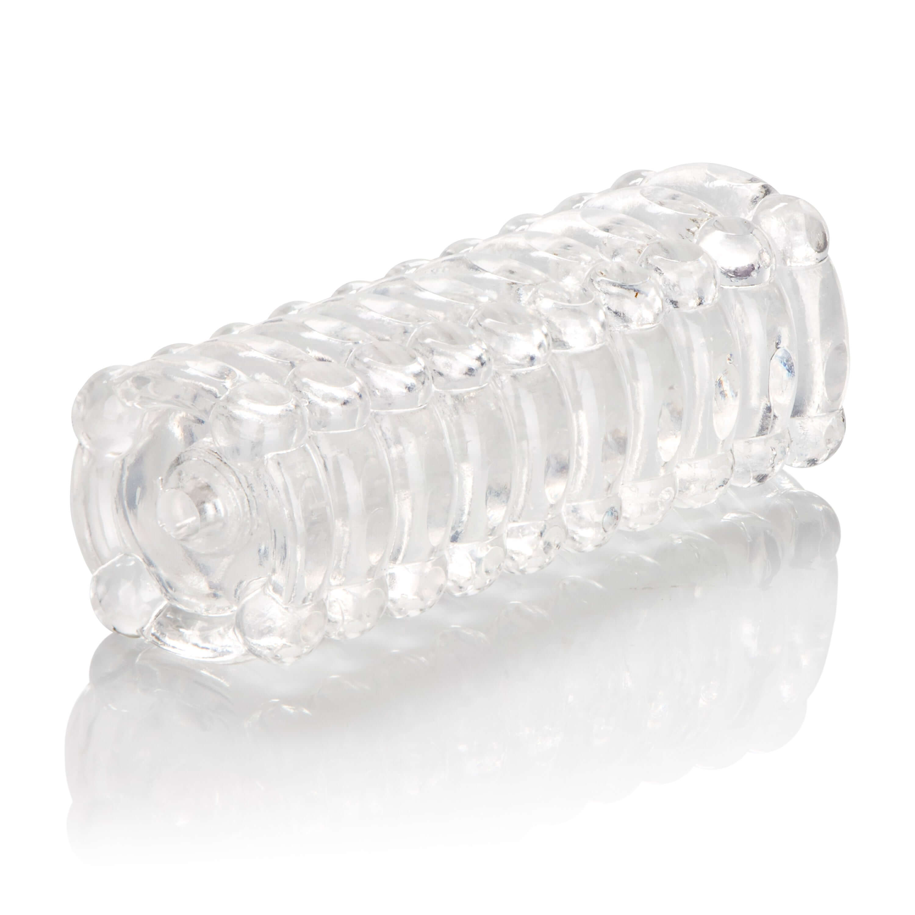 Clear ribbed stroker masturbator sleeve with textured surface for enhanced sensations and reversible design.