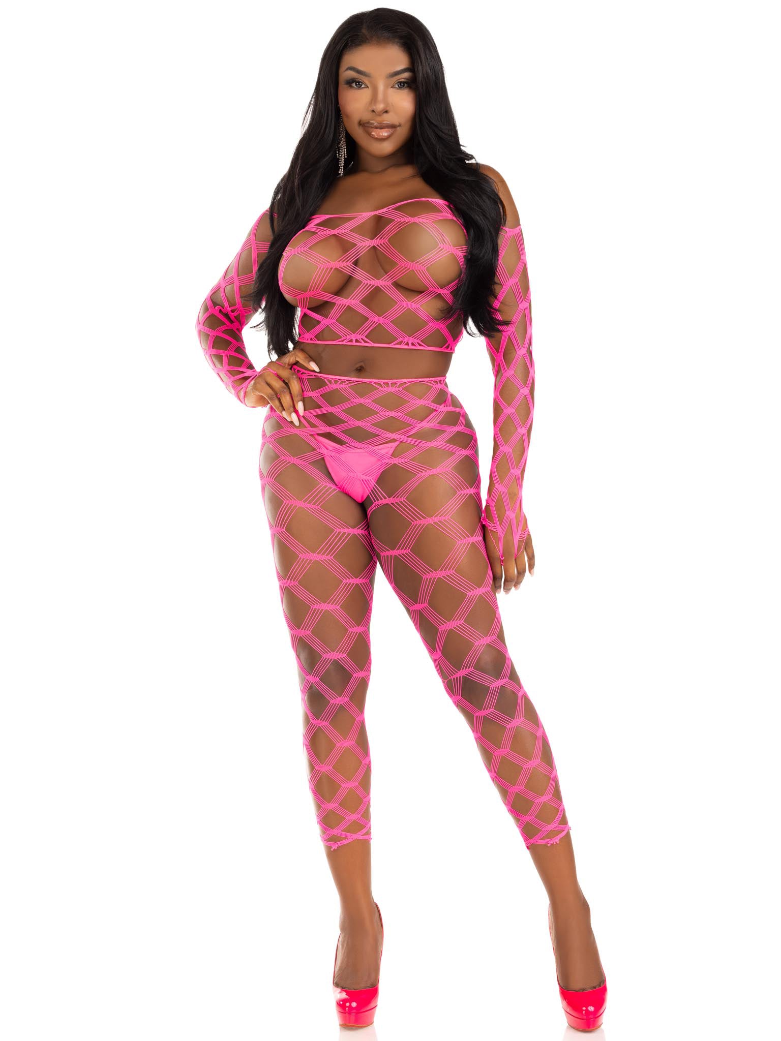 2 Pc Net Crop Top and Footless Tights - One Size - Neon Pink-4