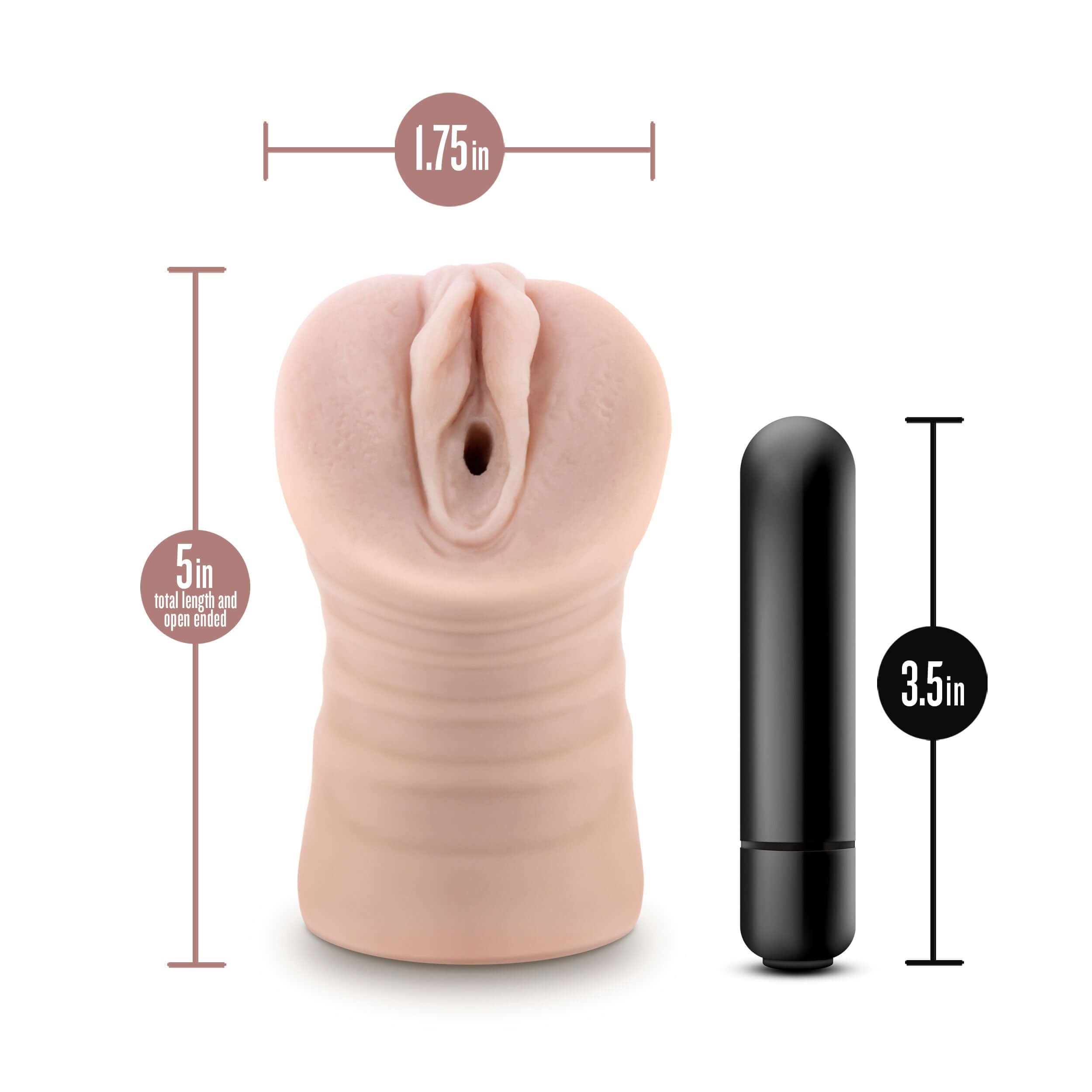 Ayumi vibrating stroker in beige, showcasing dimensions of 5 inches total length, 1.75 inches width, and open-ended design.