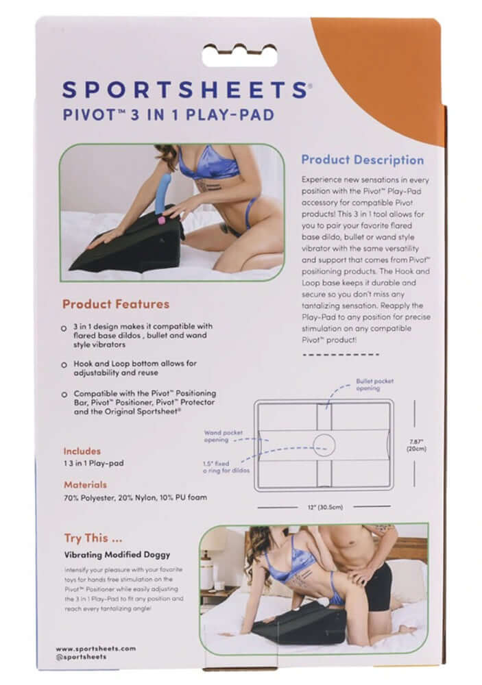 Back of Pivot 3 in 1 Play Pad packaging showing features, product description, and images of usage positions.