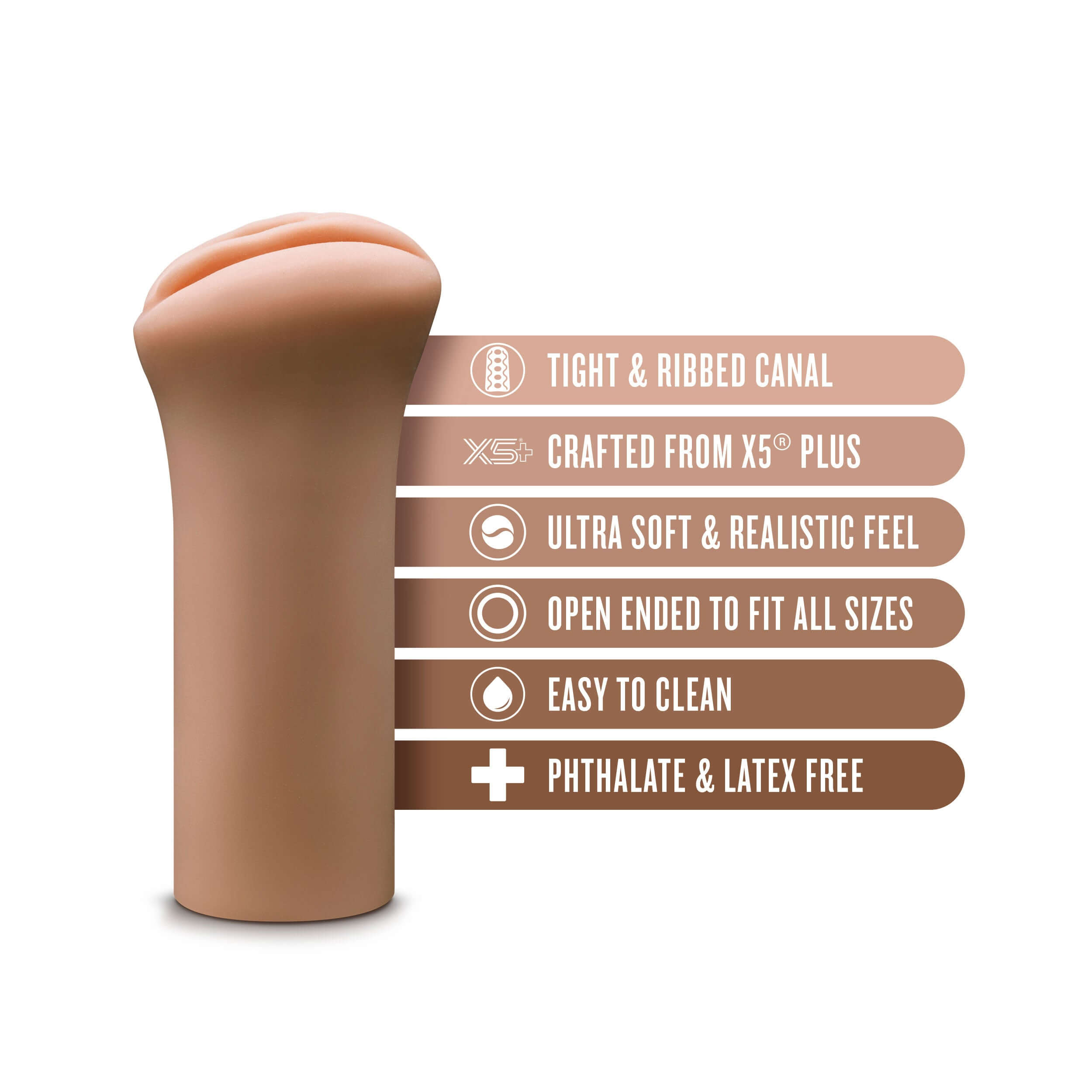Enlust Molly Tan male stroker showcasing features: tight ribbed canal, ultra-soft feel, open-ended design, easy to clean.