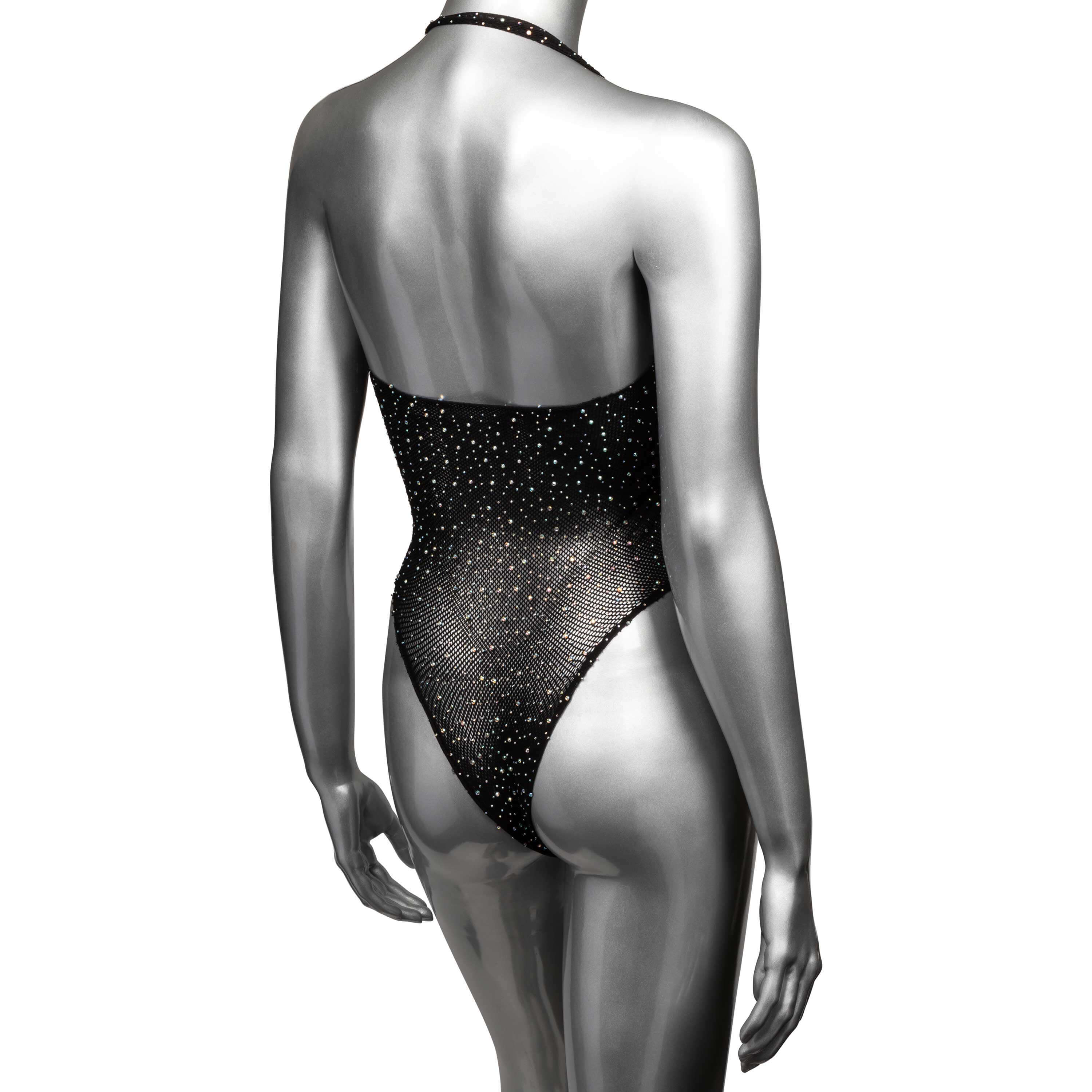 Black deep-V bodysuit with rhinestones, cheeky thong back, and stretchy mesh fit for a seductive, glamorous look.