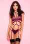 High Strap Lace Strappy Teddy With Attached  Garters - One Size - Burgundy