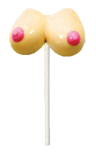 Boobie Pops Strawberry Flavor novelty candy shaped like playful breasts with pink details.