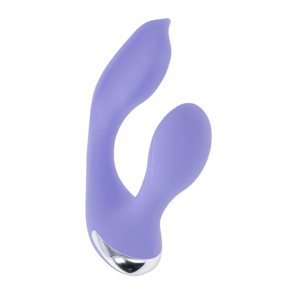 Lilac rabbit vibrator with ergonomic remote and textured, flexible shaft for dual stimulation and 10 vibrating speeds and patterns.