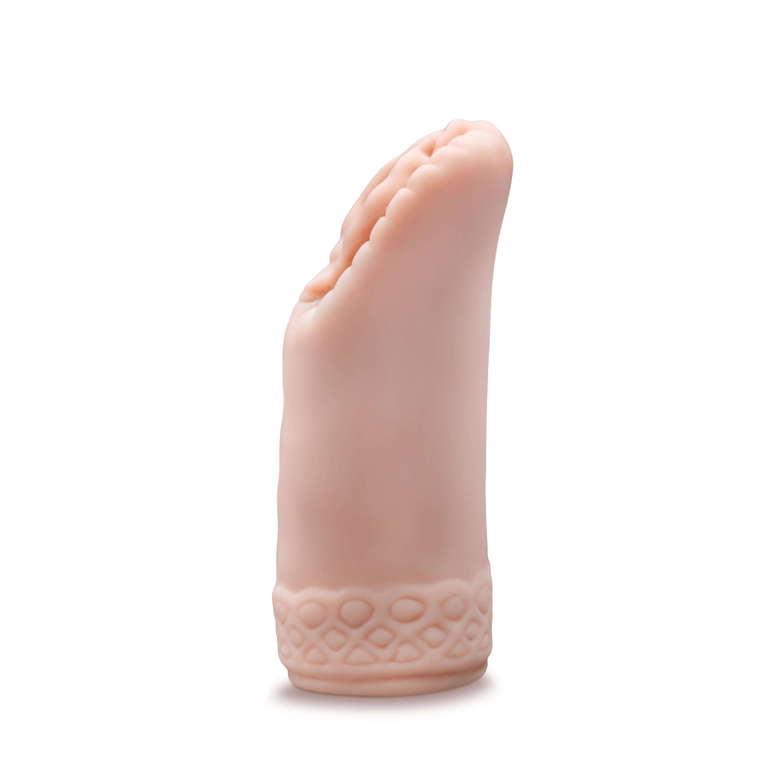 Handcrafted Alyssa male stroker in soft beige material, featuring ribbed interior for enhanced sensations and open-ended design.