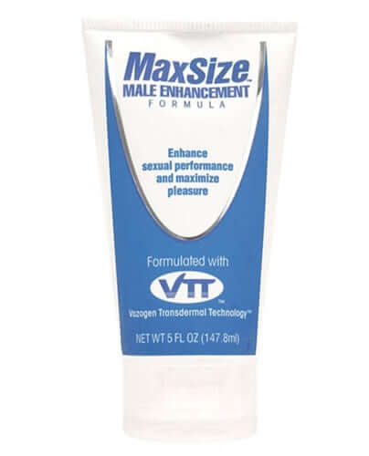 Max Size Cream male enhancement formula in a 5 oz tube with text highlighting its benefits for sexual performance.