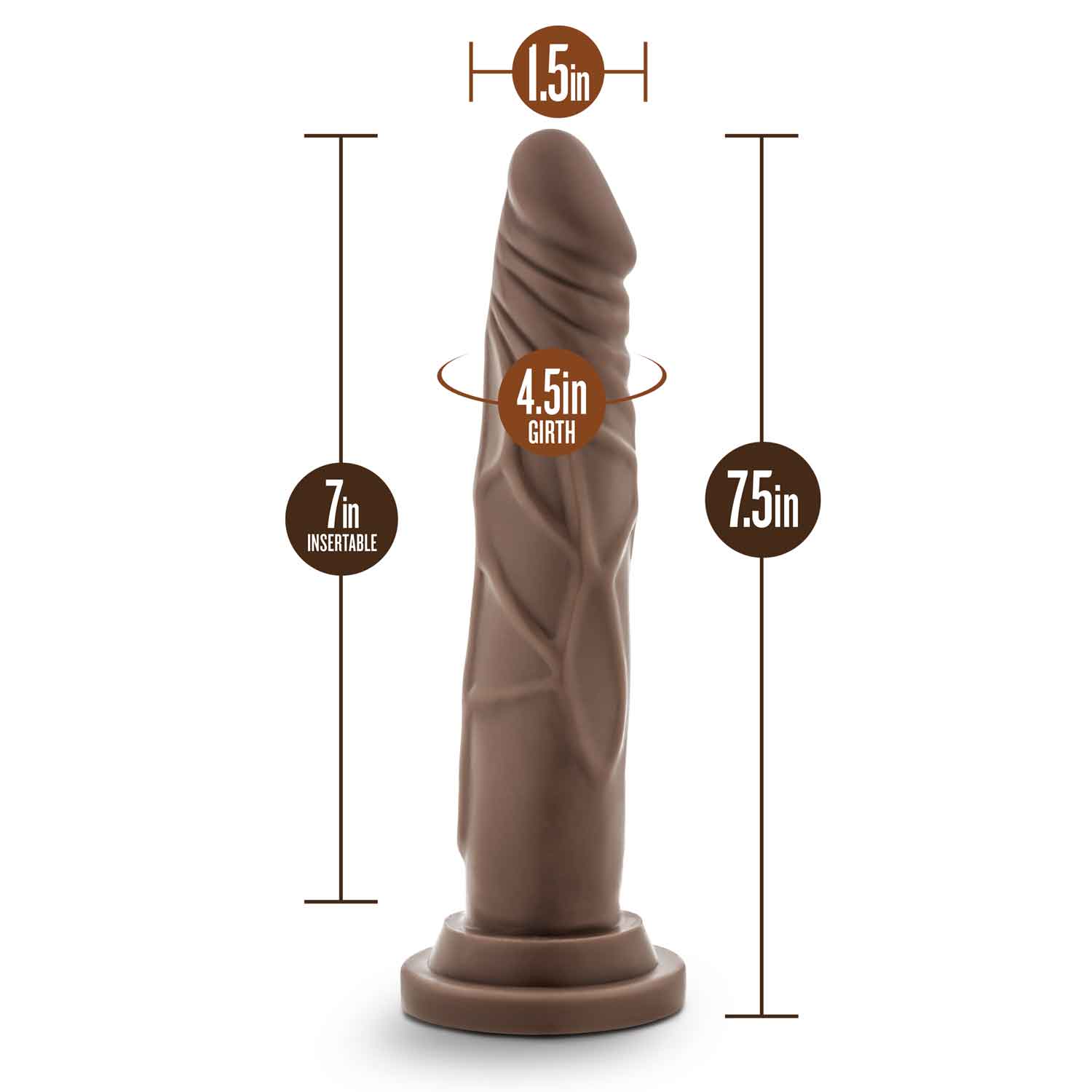 Dr. Skin Silicone Dr. Carter 7 Inch Dong with Suction Cup in Chocolate color showing dimensions and realistic detailing.
