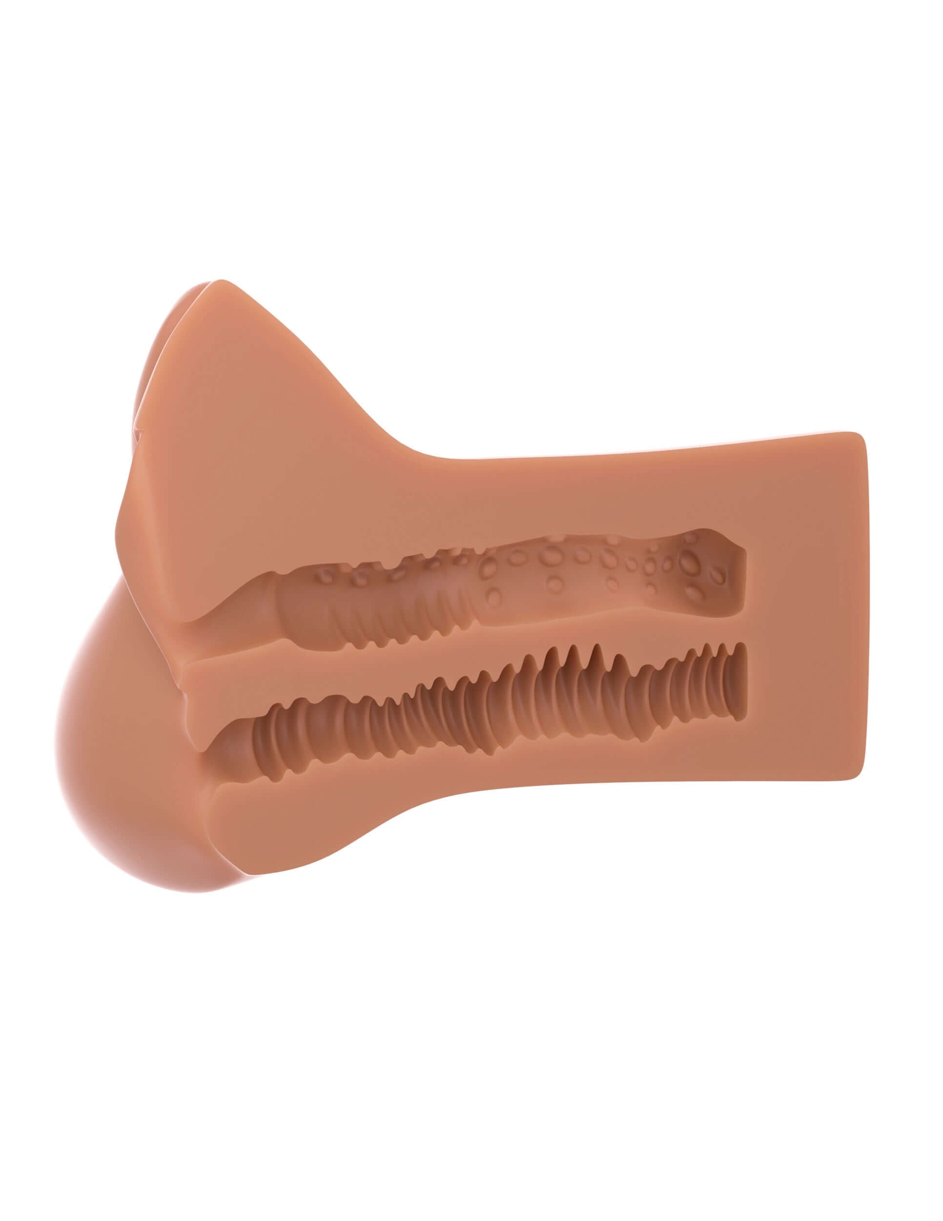 Pick Your Pleasure XL Stroker - Brown with detailed interior showing pleasure nubs and penetration holes.