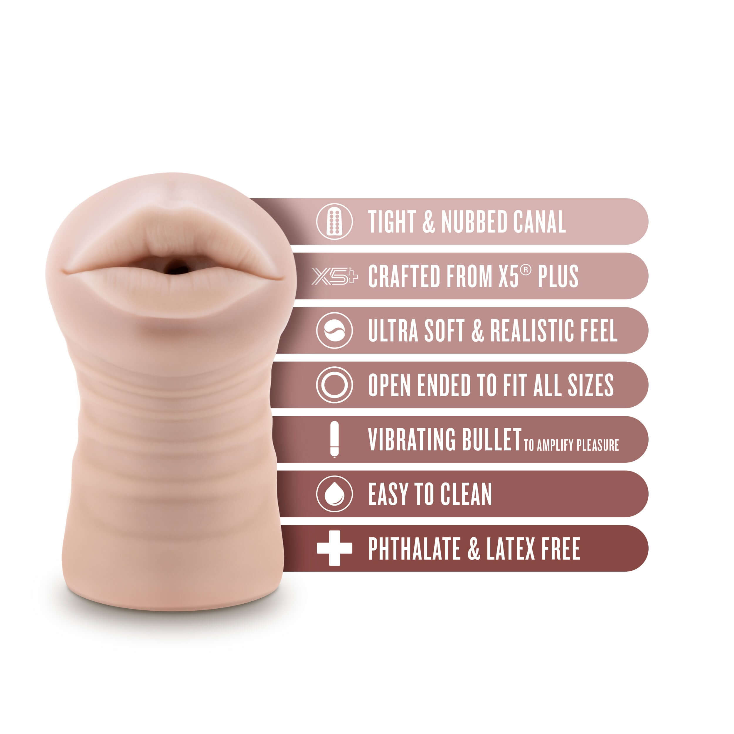 Enlust Nicole Vibrating Stroker in beige with features: tight nubbed canal, ultra-soft X5 material, easy to clean.