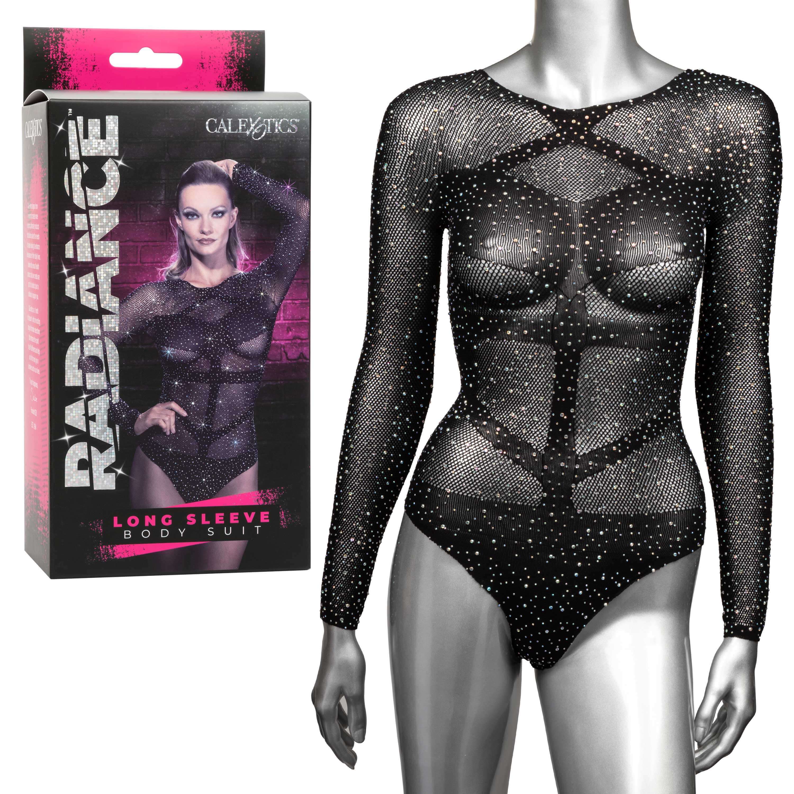 Radiance Long Sleeve Body Suit One Size Black displayed on a mannequin with sparkling mesh details and packaging.