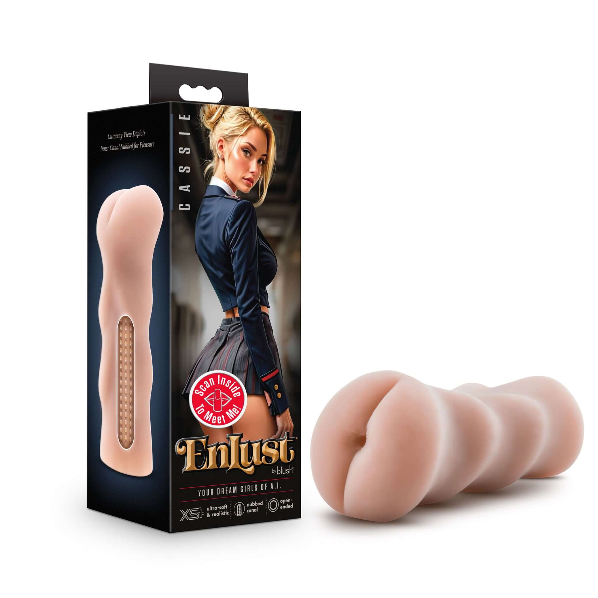 Enlust Cassie male stroker in beige packaging, featuring ultra-soft X5 Plus material for a realistic experience.