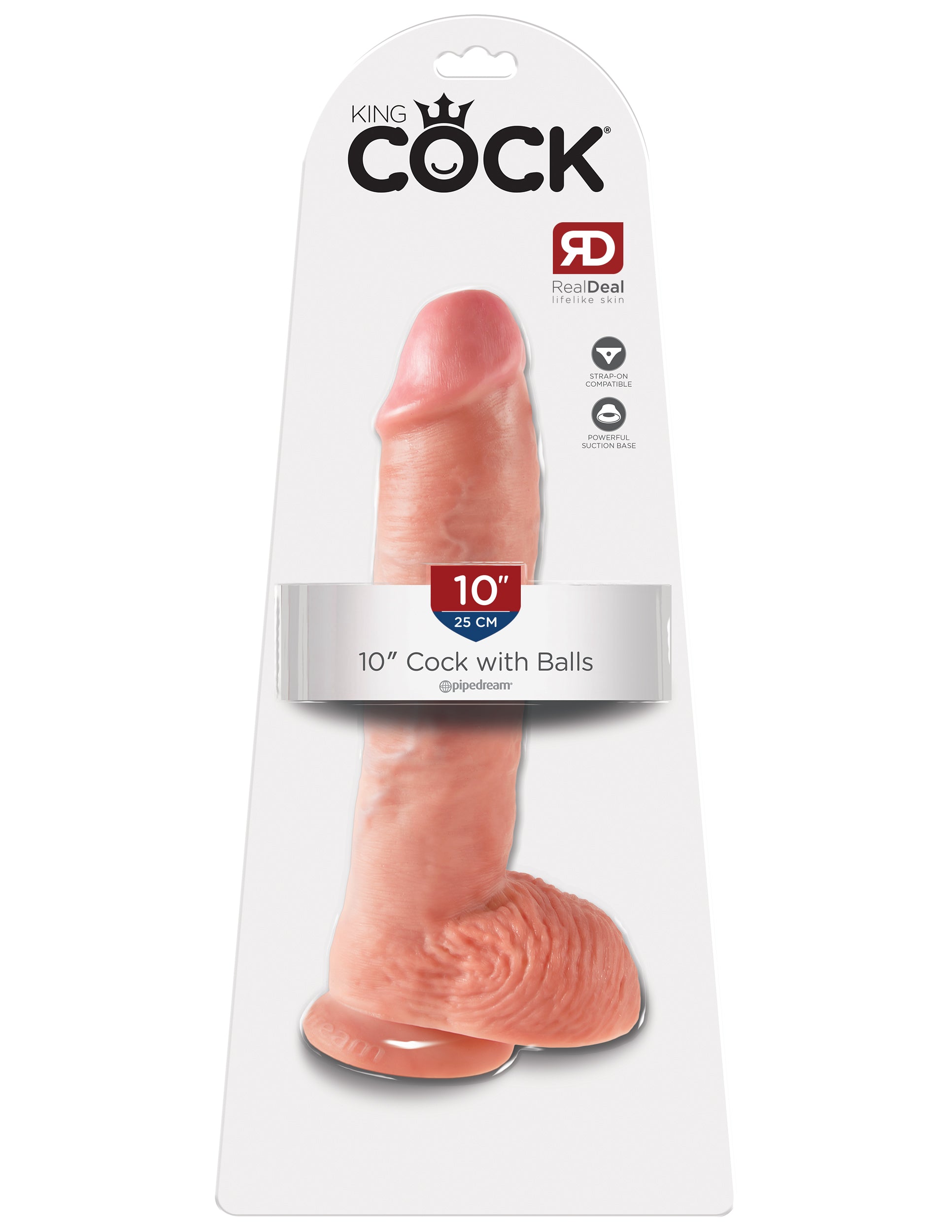 King Cock 10-Inch Cock With Balls Dildo Flesh packaging showcasing realistic design and vibrant color.