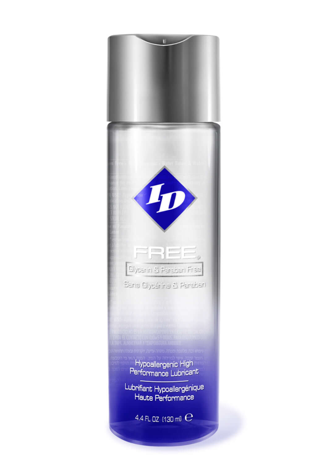 ID Free Water Based Lubricant 4.4 Oz bottle with blue and silver design for sensitive skin.
