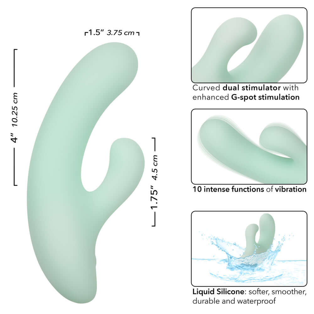 Pacifica Fiji green dual stimulator with curved design for G-spot stimulation, flexible shaft, powerful vibrations, and waterproof liquid silicone.