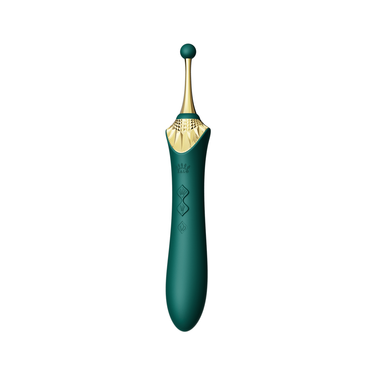 ZALO Bess 2 Clitoral Massager in Turquoise Green with gold accents features 8 vibration modes, multiple attachments, and USB rechargeability.