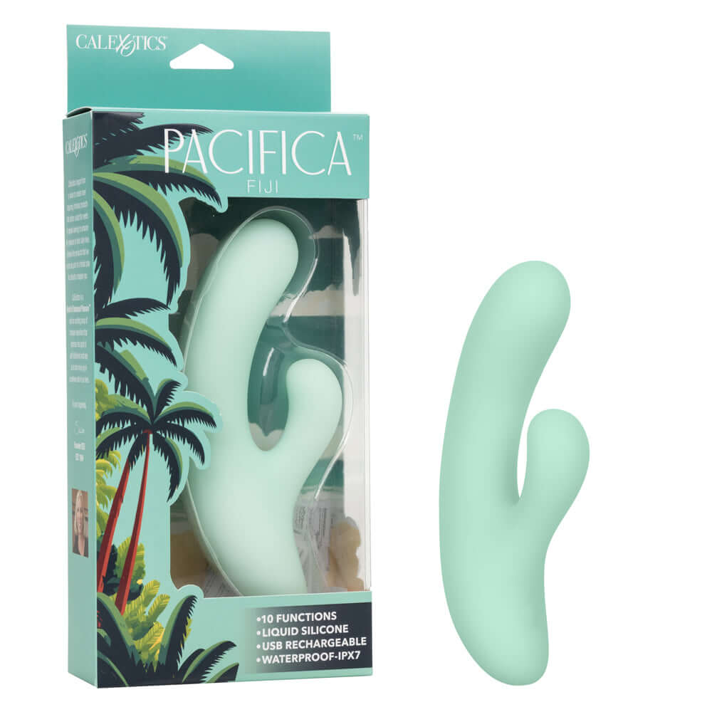 Pacifica Fiji Green dual stimulator adult toy in packaging showing curved design for G-spot stimulation.