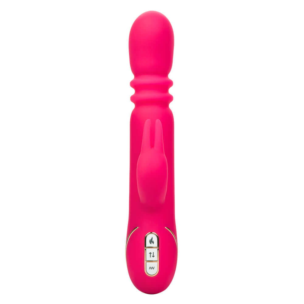 Jack Rabbit Signature Heated Silicone Triple Fantasy Rabbit in Pink with innovative design featuring heated thrusting shaft and controls