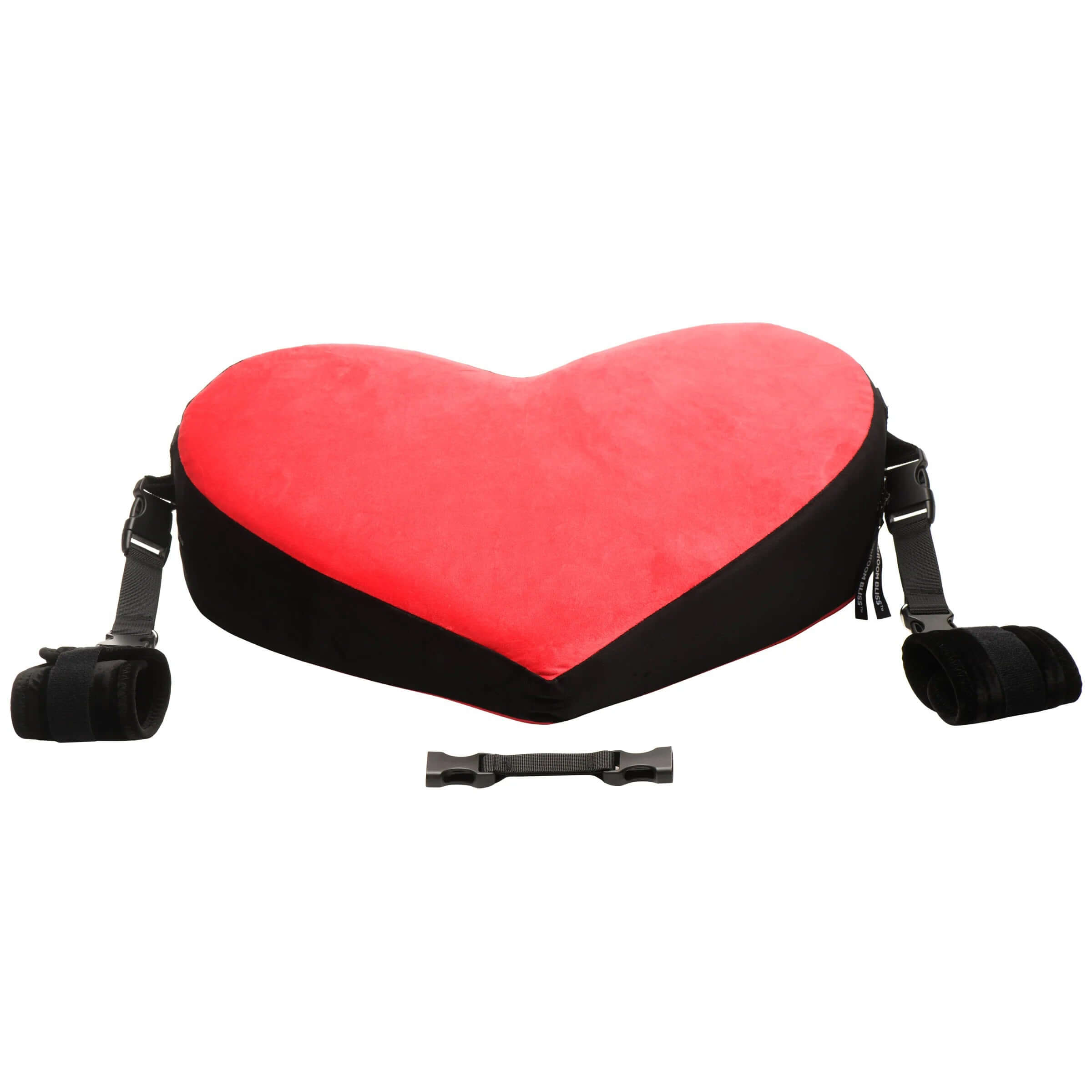 Heart-shaped Bondage Love Pillow in black and red with adjustable straps, designed for comfort and support during play.