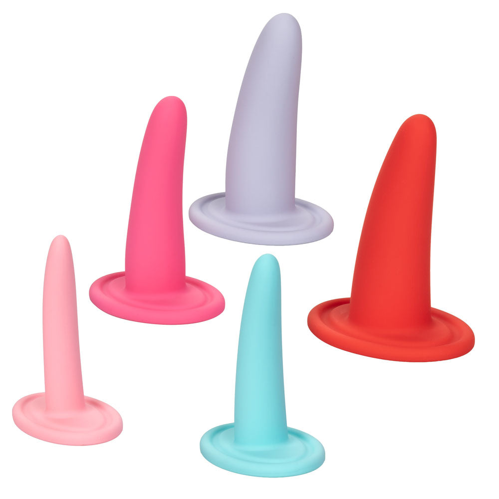 She-Ology 5-Piece Wearable Vaginal Dilator Set in various colors and sizes for pelvic wellness and muscle relaxation.