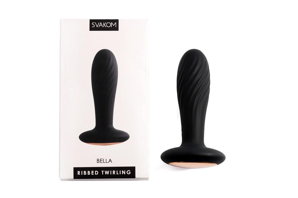 SVAKOM Bella Anal Plug Black beside its elegant packaging, showcasing luxury and performance for enhanced intimate experiences.