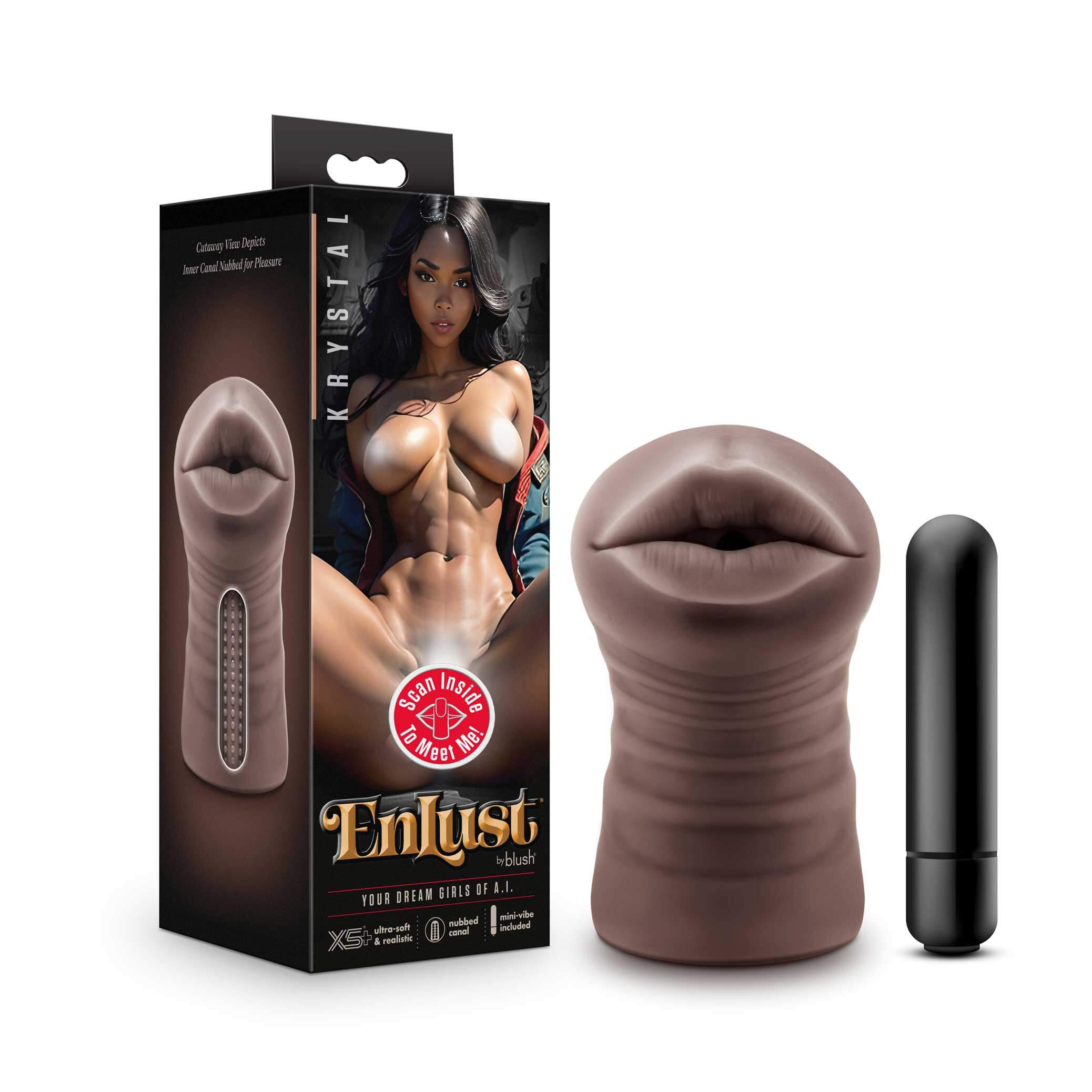 Enlust Krystal vibrating stroker in brown packaging with a sleek black vibe, showcasing soft, plush design for ultimate pleasure.
